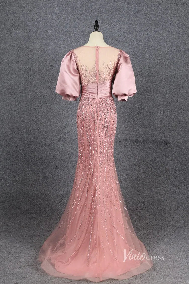 Puff Sleeve Mother of the Bride Dress Sheath Beaded Prom Dress 2022 FD2787-Evening Dresses 2025 -Viniodress-Pink-US 2-
