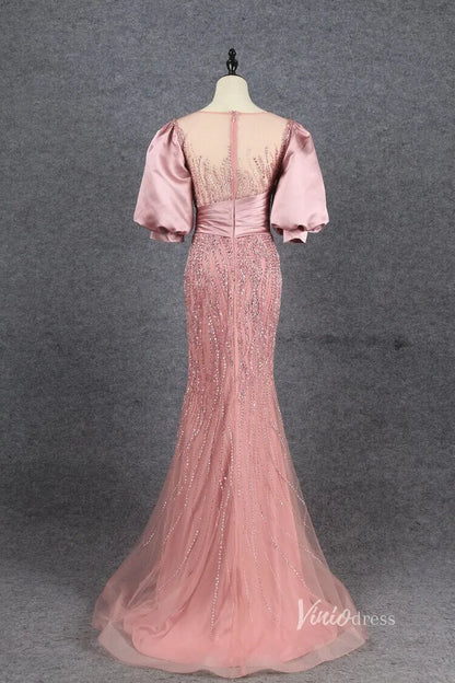 Puff Sleeve Mother of the Bride Dress Sheath Beaded Prom Dress 2022 FD2787-Evening Dresses 2025 -Viniodress-Pink-US 2-