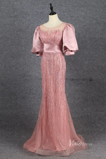 Puff Sleeve Mother of the Bride Dress Sheath Beaded Prom Dress 2022 FD2787-Evening Dresses 2025 -Viniodress-Pink-US 2-