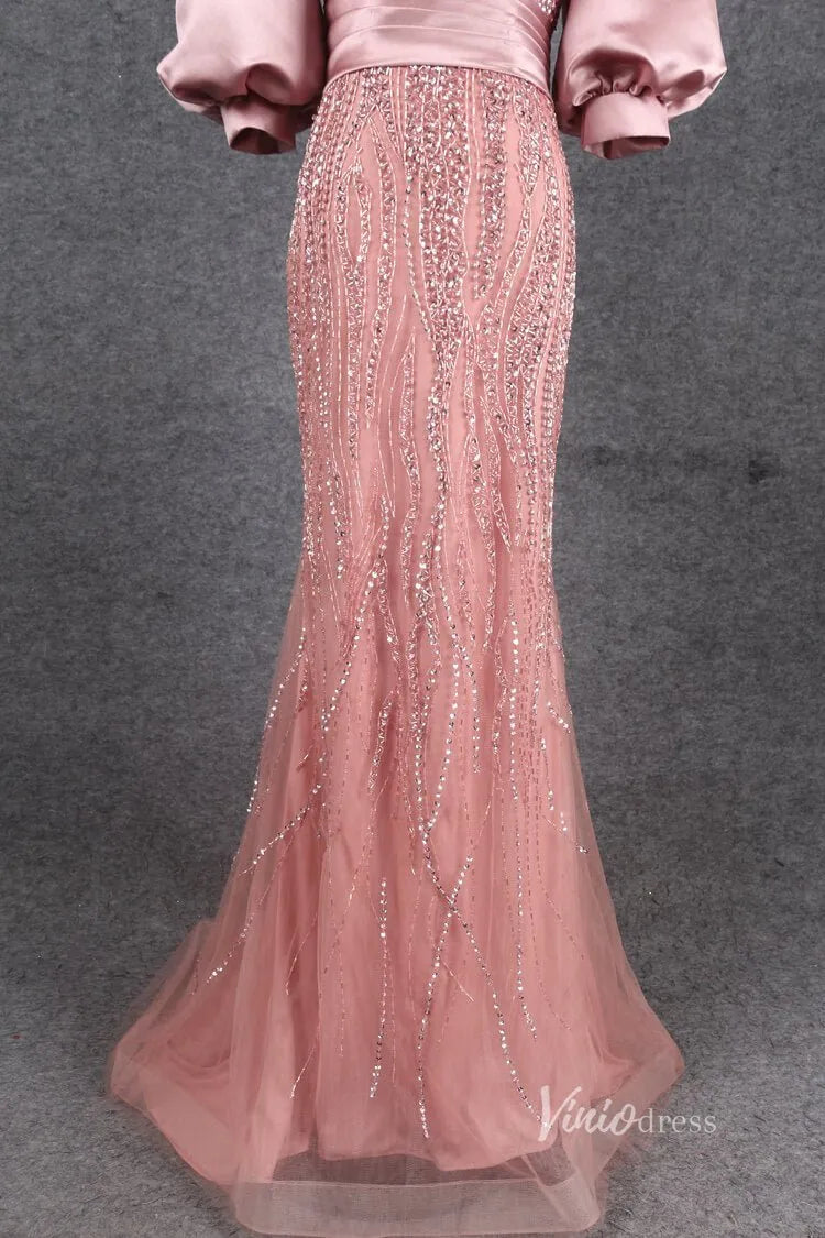 Puff Sleeve Mother of the Bride Dress Sheath Beaded Prom Dress 2022 FD2787-Evening Dresses 2025 -Viniodress-Pink-US 2-
