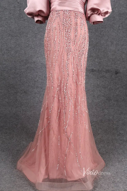 Puff Sleeve Mother of the Bride Dress Sheath Beaded Prom Dress 2022 FD2787-Evening Dresses 2025 -Viniodress-Pink-US 2-