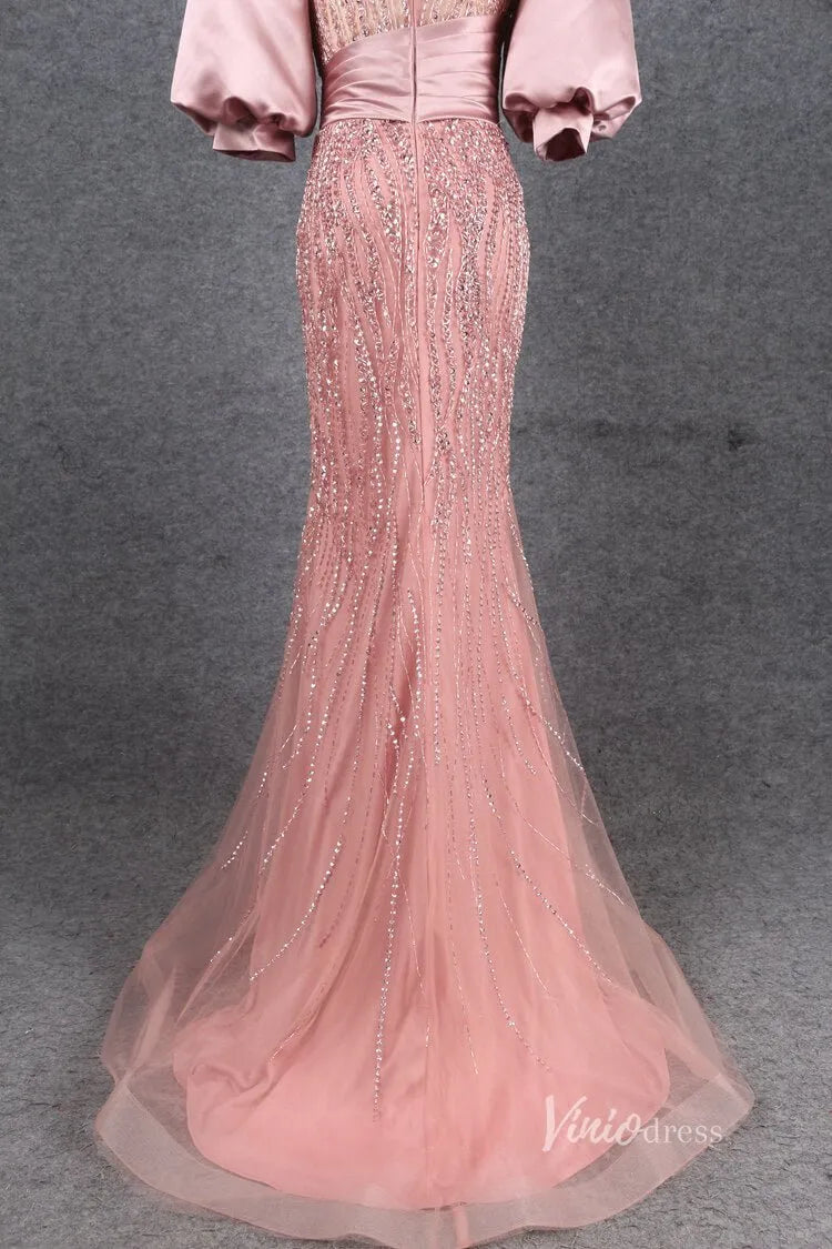 Puff Sleeve Mother of the Bride Dress Sheath Beaded Prom Dress 2022 FD2787-Evening Dresses 2025 -Viniodress-Pink-US 2-