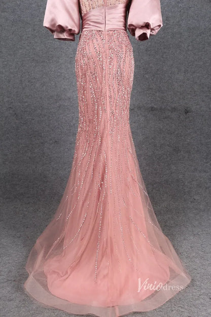 Puff Sleeve Mother of the Bride Dress Sheath Beaded Prom Dress 2022 FD2787-Evening Dresses 2025 -Viniodress-Pink-US 2-
