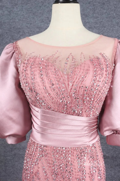 Puff Sleeve Mother of the Bride Dress Sheath Beaded Prom Dress 2022 FD2787-Evening Dresses 2025 -Viniodress-Pink-US 2-