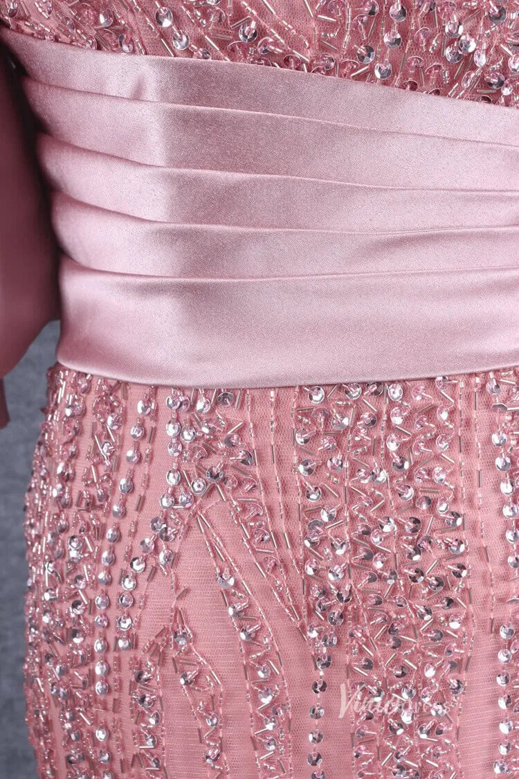 Puff Sleeve Mother of the Bride Dress Sheath Beaded Prom Dress 2022 FD2787-Evening Dresses 2025 -Viniodress-Pink-US 2-