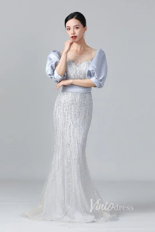 Puff Sleeve Mother of the Bride Dress Sheath Beaded Prom Dress 2022 FD2787-Evening Dresses 2025 -Viniodress-Silver-US 2-