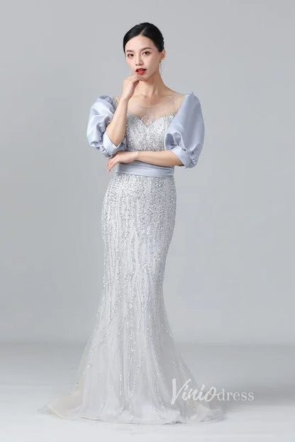 Puff Sleeve Mother of the Bride Dress Sheath Beaded Prom Dress 2022 FD2787-Evening Dresses 2025 -Viniodress-Silver-US 2-