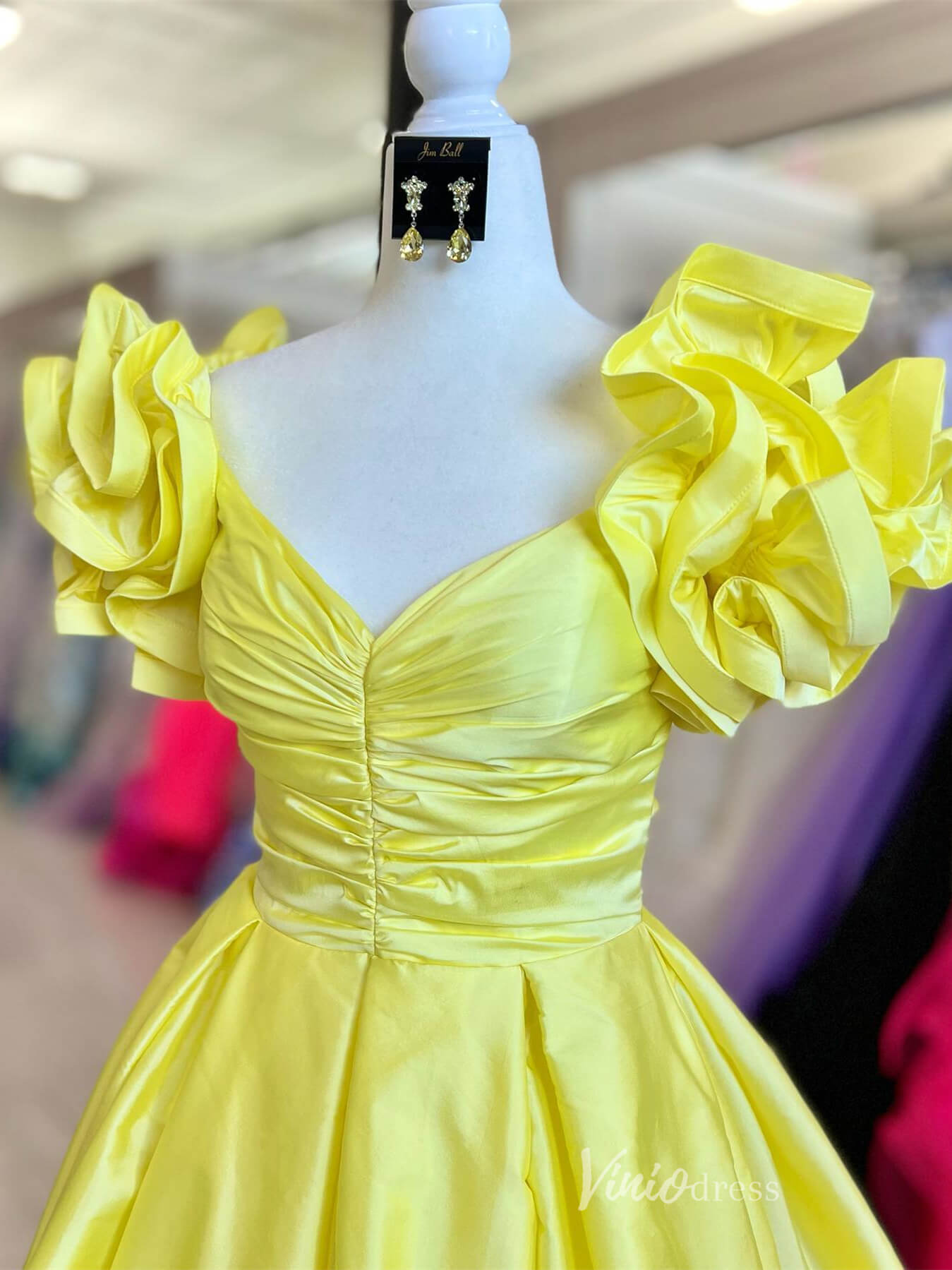 Puffed Sleeve Satin Prom Dresses Off the Shoulder Pleated Bodice Formal Gown FD4003-prom dresses 2025 -Viniodress-Yellow-Custom Size-