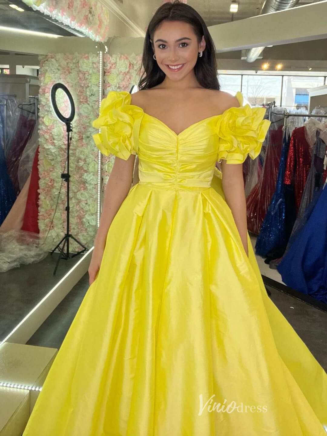 Puffed Sleeve Satin Prom Dresses Off the Shoulder Pleated Bodice Formal Gown FD4003-prom dresses 2025 -Viniodress-Yellow-Custom Size-