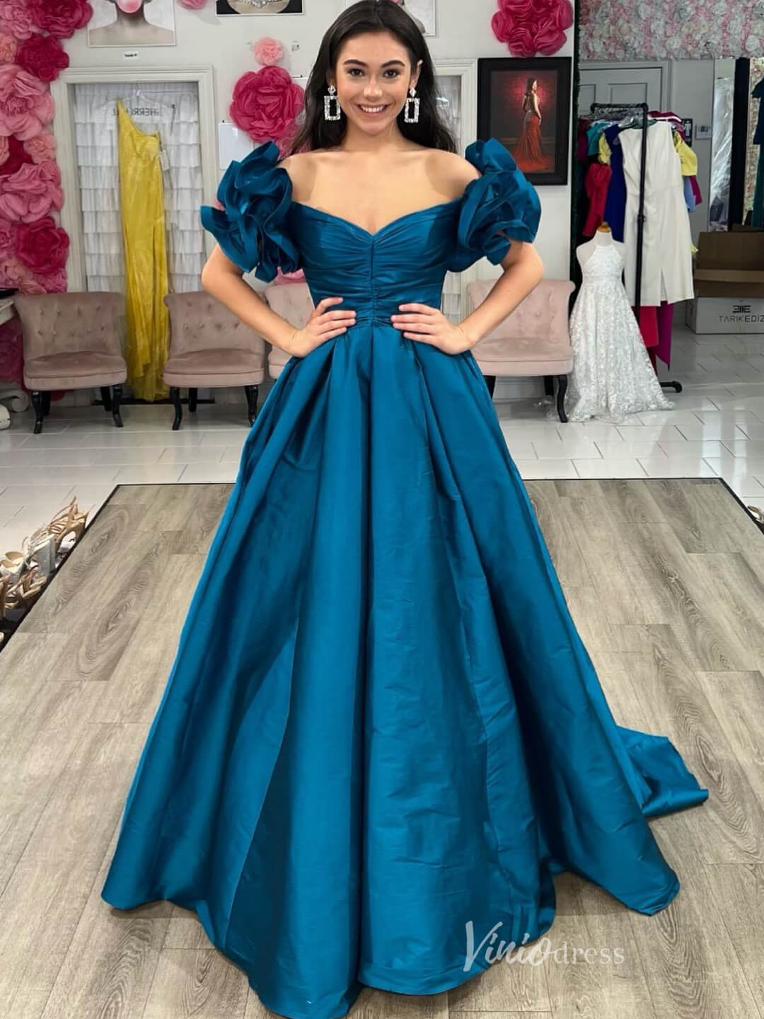 Puffed Sleeve Satin Prom Dresses Off the Shoulder Pleated Bodice Formal Gown FD4003 - Viniodressprom dressesBlueCustom Size - Formal Dresses - Ball Gowns