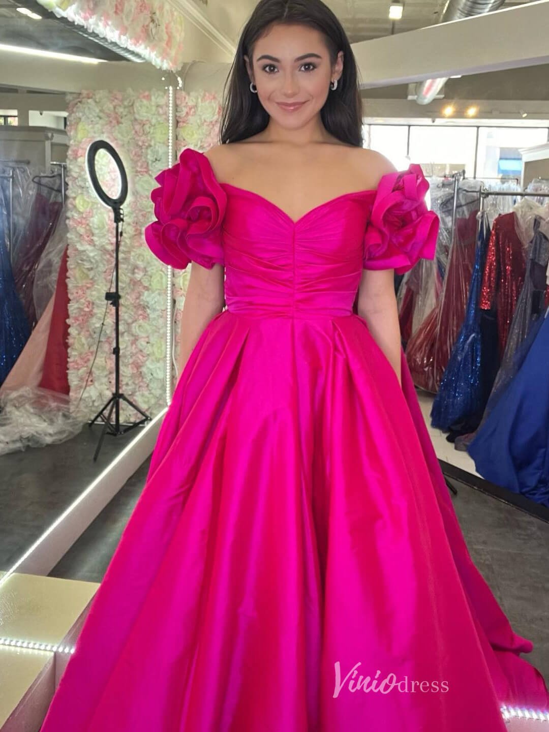 Puffed Sleeve Satin Prom Dresses Off the Shoulder Pleated Bodice Formal Gown FD4003 - Viniodressprom dressesFuchsiaCustom Size - Formal Dresses - Ball Gowns