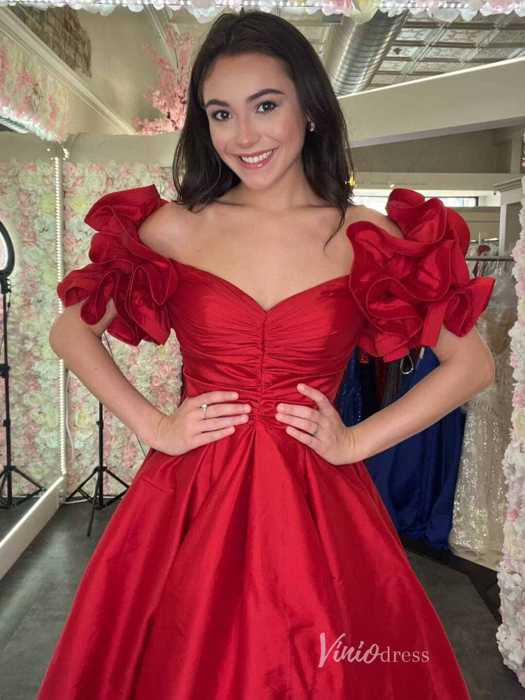 Puffed Sleeve Satin Prom Dresses Off the Shoulder Pleated Bodice Formal Gown FD4003 - Viniodressprom dressesRedCustom Size - Formal Dresses - Ball Gowns