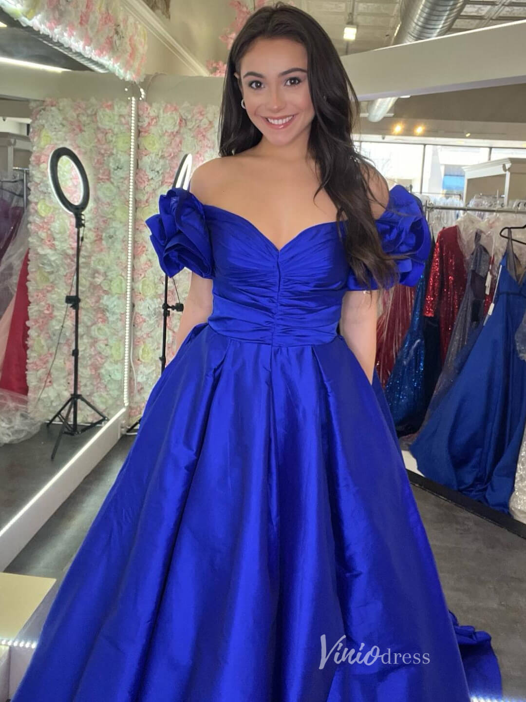 Puffed Sleeve Satin Prom Dresses Off the Shoulder Pleated Bodice Formal Gown FD4003 - Viniodressprom dressesRoyal BlueCustom Size - Formal Dresses - Ball Gowns