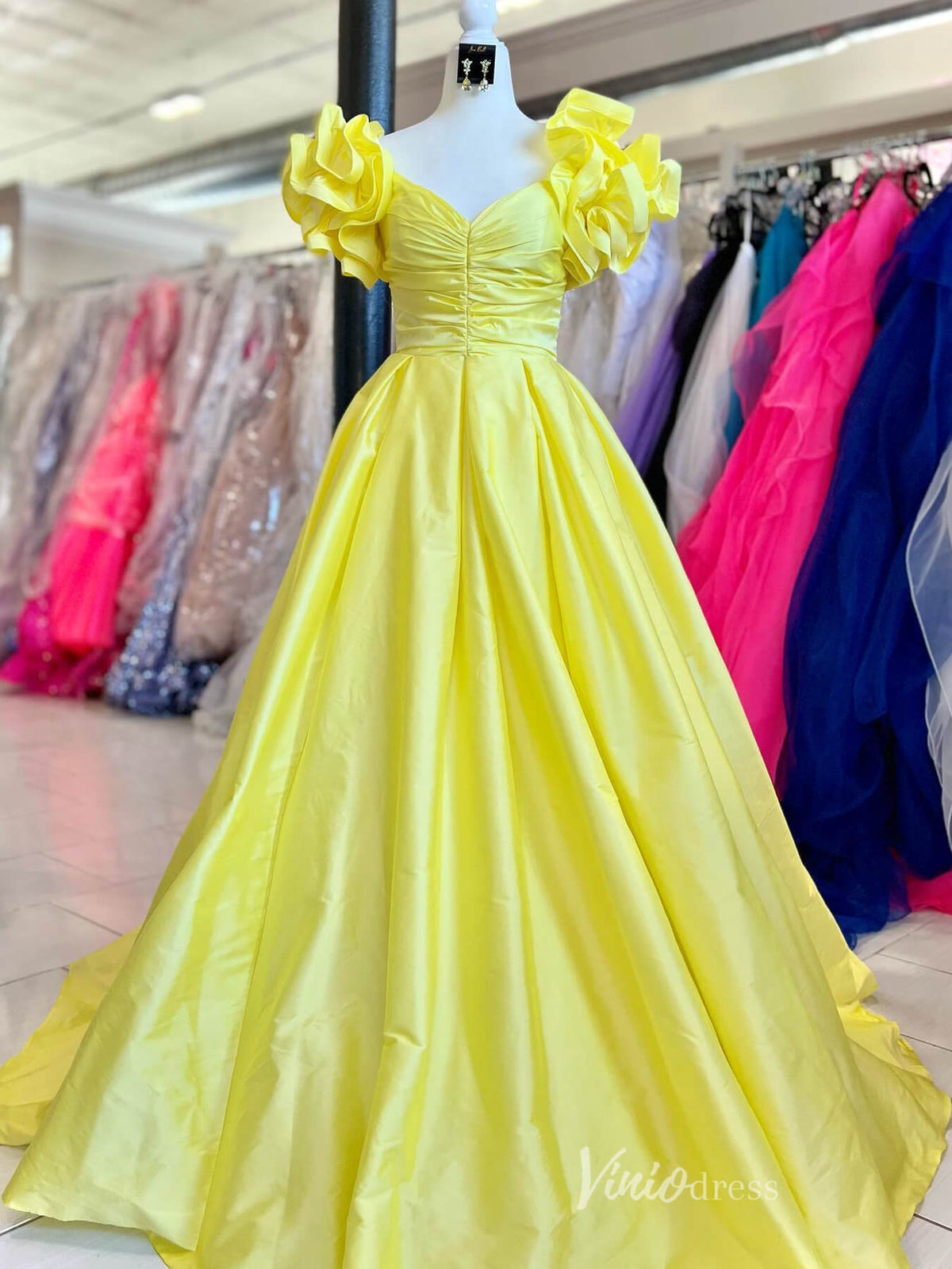 Puffed Sleeve Satin Prom Dresses Off the Shoulder Pleated Bodice Formal Gown FD4003-prom dresses-Viniodress-Yellow-Custom Size-Viniodress