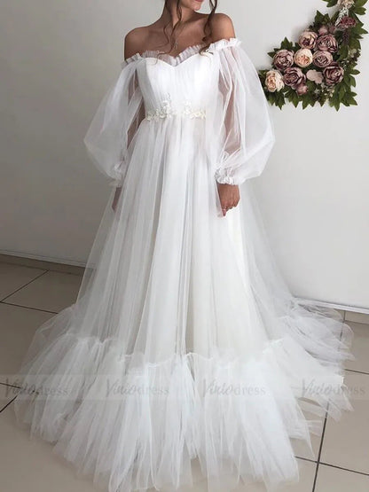Puffy Bishop Sleeve Tulle Wedding Dress for Photography FD1527-wedding dresses 2025 -Viniodress-Ivory-Custom Size-