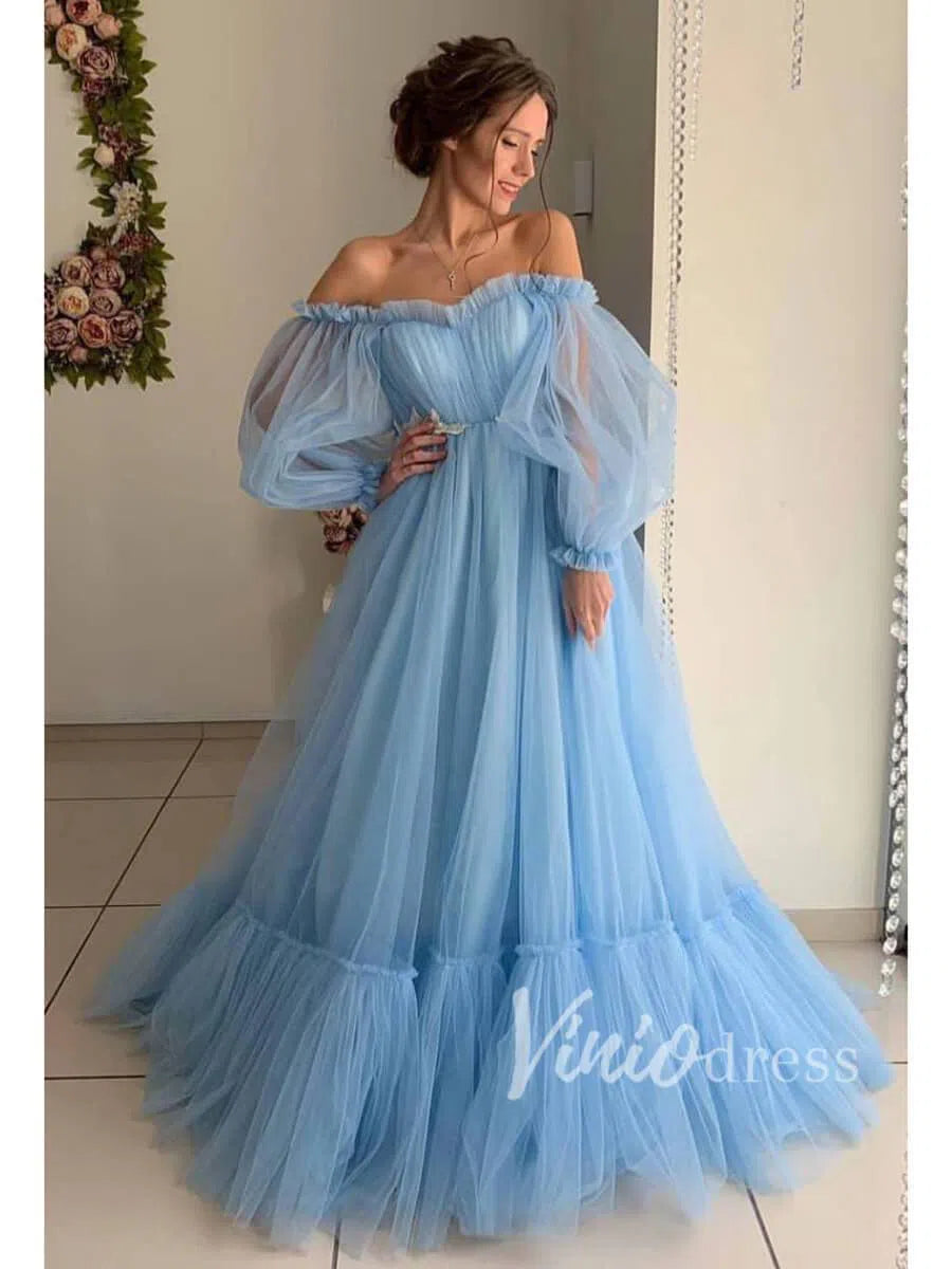 Puffy Bishop Sleeve Tulle Wedding Dress for Photography FD1527-wedding dresses 2025 -Viniodress-Light Blue-Custom Size-