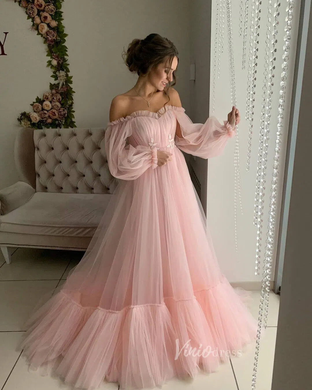 Puffy Bishop Sleeve Tulle Wedding Dress for Photography FD1527-wedding dresses 2025 -Viniodress-Pink-Custom Size-