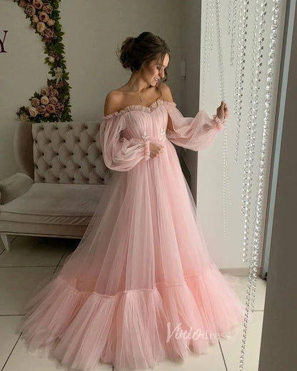 Puffy Bishop Sleeve Tulle Wedding Dress for Photography FD1527-wedding dresses 2025 -Viniodress-Pink-Custom Size-