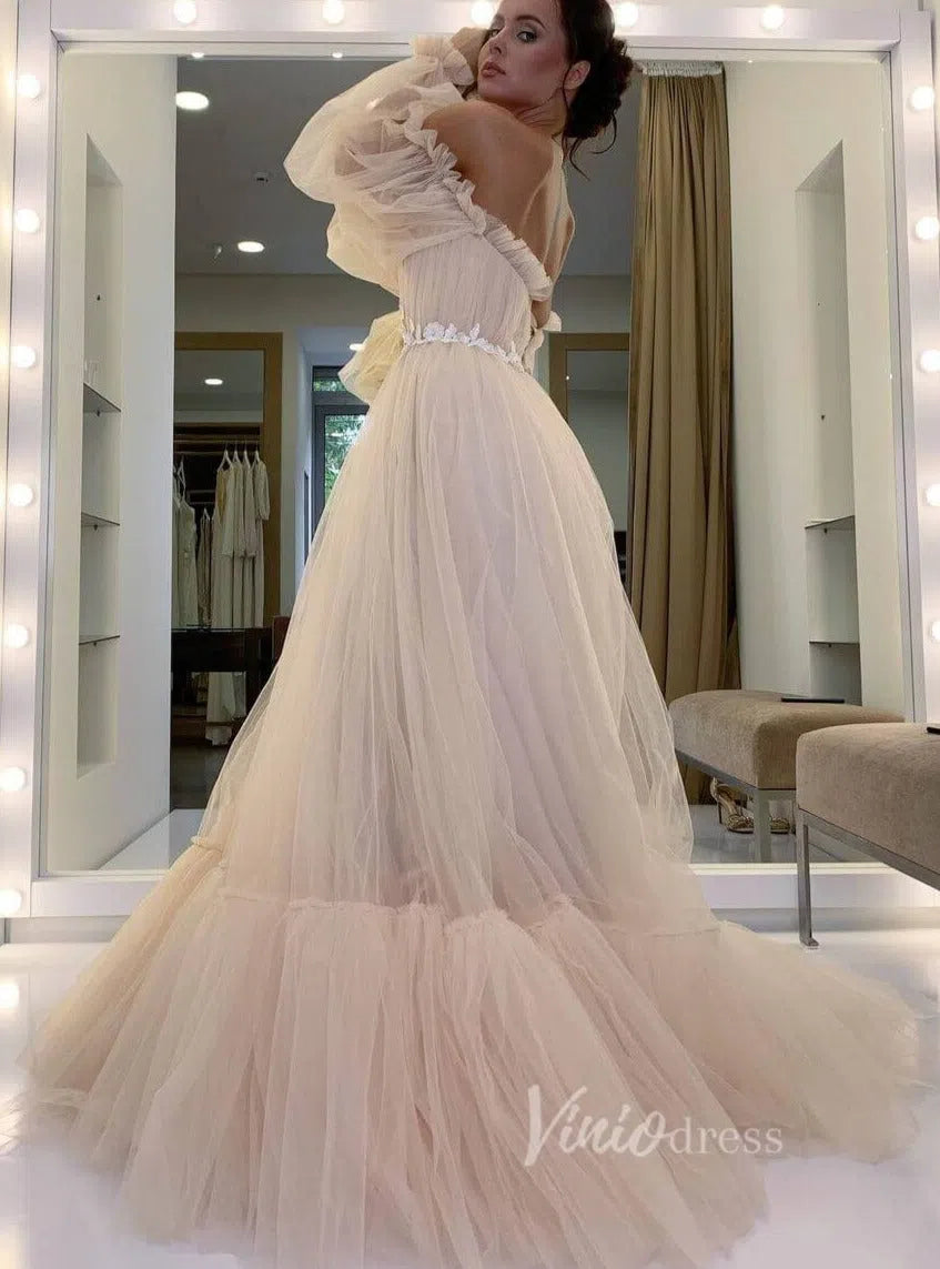 Puffy Bishop Sleeve Tulle Wedding Dress for Photography FD1527-wedding dresses 2025 -Viniodress-Pink-Custom Size-