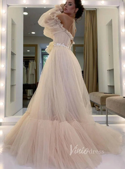 Puffy Bishop Sleeve Tulle Wedding Dress for Photography FD1527-wedding dresses 2025 -Viniodress-Pink-Custom Size-
