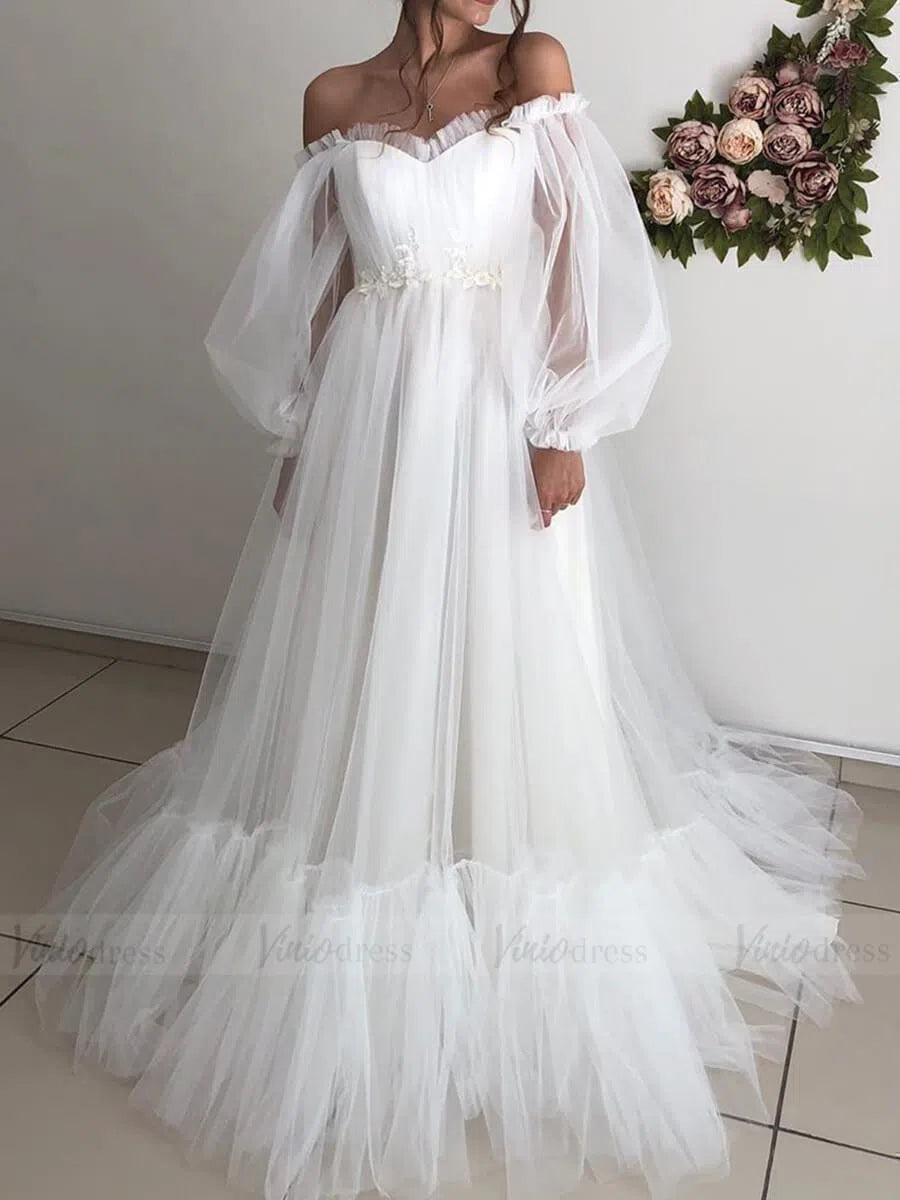 Prom Dress 2025 Puffy Bishop Sleeve Tulle Wedding Dress for Photography FD1527-unique wedding dresses-Ivory-Custom Size-Viniodress