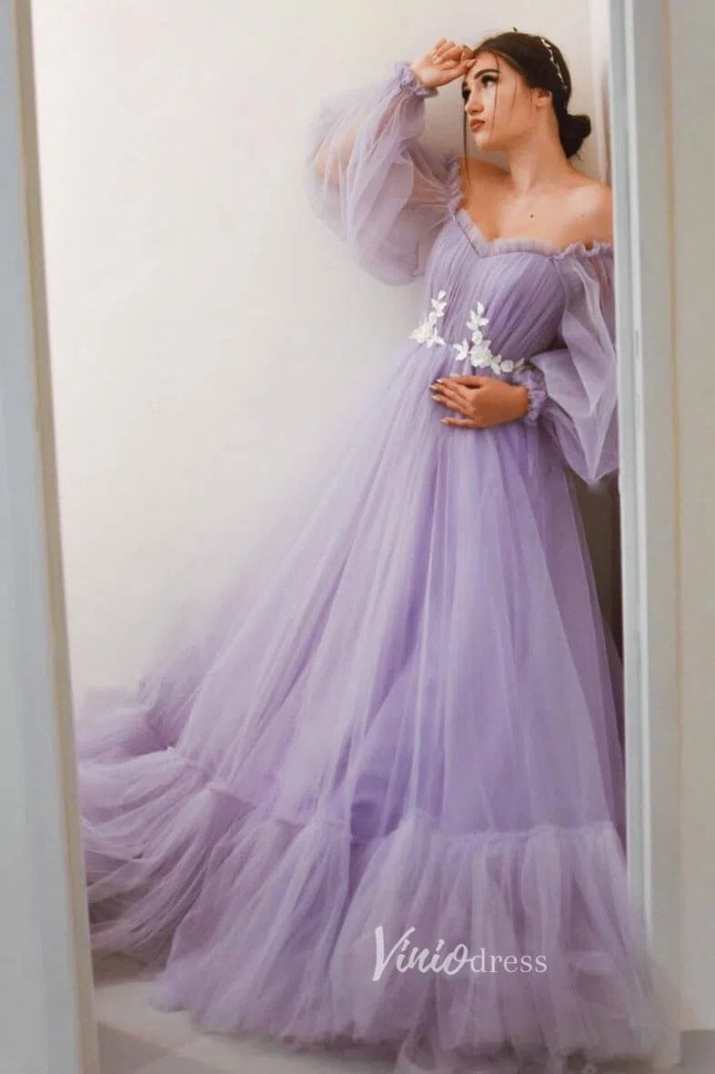 Prom Dress 2025 Puffy Bishop Sleeve Tulle Wedding Dress for Photography FD1527-unique wedding dresses-Lavender-Custom Size-Viniodress