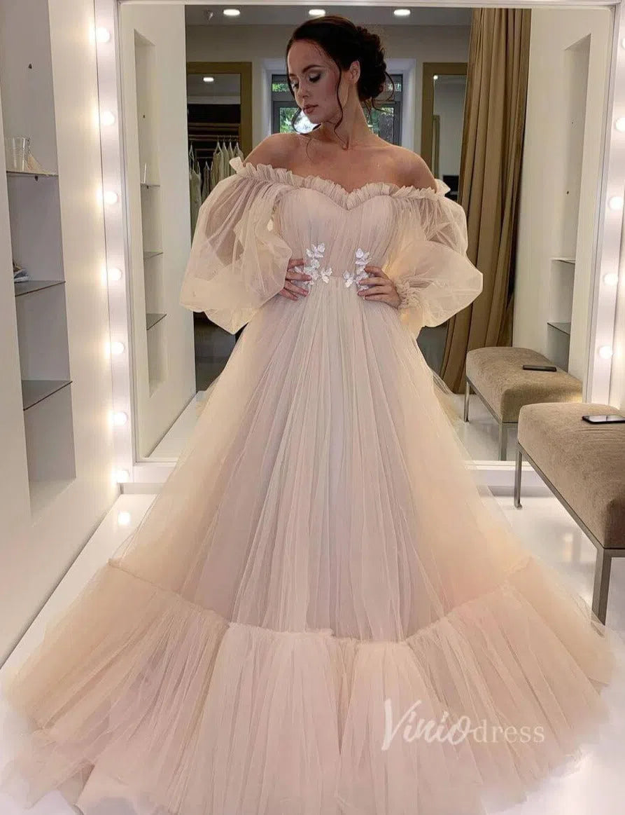 Prom Dress 2025 Puffy Bishop Sleeve Tulle Wedding Dress for Photography FD1527-unique wedding dresses-Nude-Custom Size-Viniodress