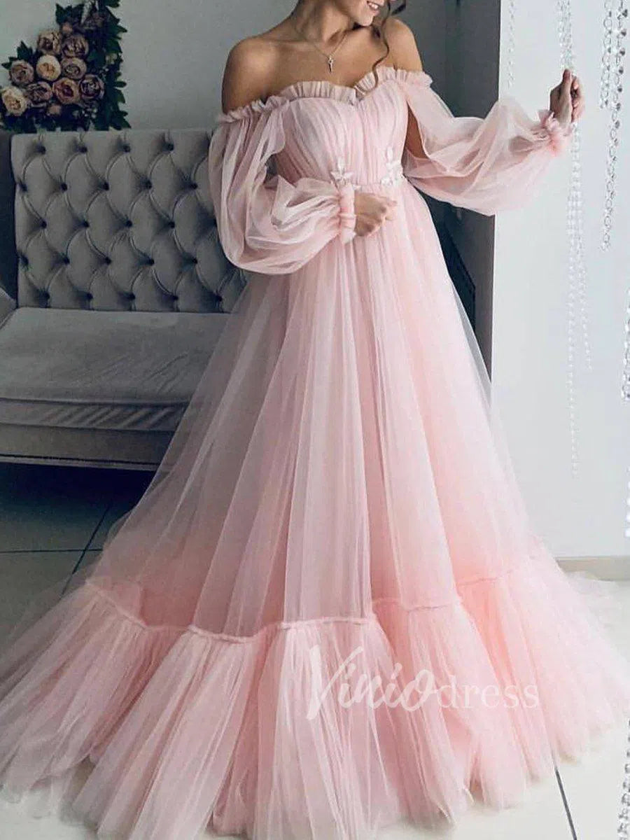 Prom Dress 2025 Puffy Bishop Sleeve Tulle Wedding Dress for Photography FD1527-unique wedding dresses-Pink-Custom Size-Viniodress