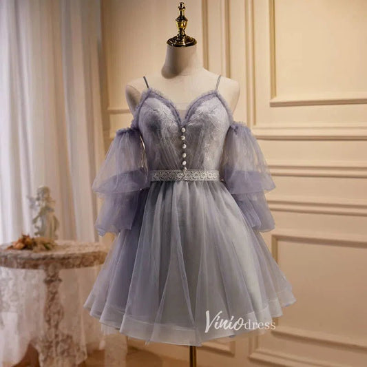 Puffy Sleeve Tulle Homecoming Dresses Spaghetti Strap Short Cocktail Dress SD1584-prom dresses 2025 -Viniodress-As Picture-Custom Size-