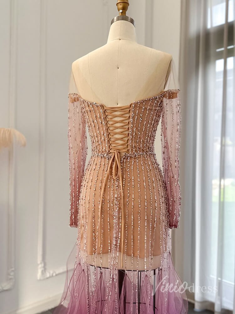Purple Beaded Sheer Prom Dresses Sheath Long Sleeve Pageant Dress AD1177-Evening Dresses 2025 -Viniodress-Purple-US 2-