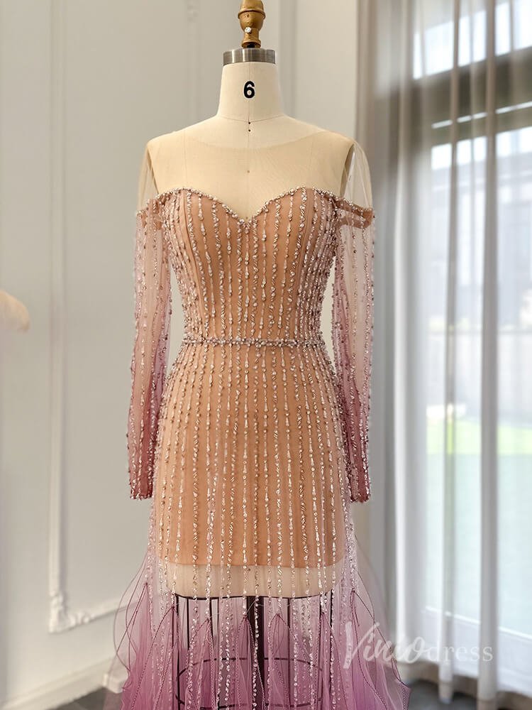 Purple Beaded Sheer Prom Dresses Sheath Long Sleeve Pageant Dress AD1177-Evening Dresses 2025 -Viniodress-Purple-US 2-