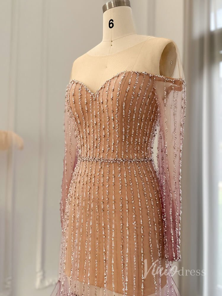 Purple Beaded Sheer Prom Dresses Sheath Long Sleeve Pageant Dress AD1177-Evening Dresses 2025 -Viniodress-Purple-US 2-