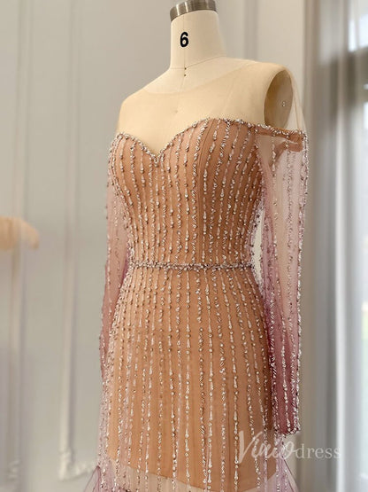 Purple Beaded Sheer Prom Dresses Sheath Long Sleeve Pageant Dress AD1177-Evening Dresses 2025 -Viniodress-Purple-US 2-