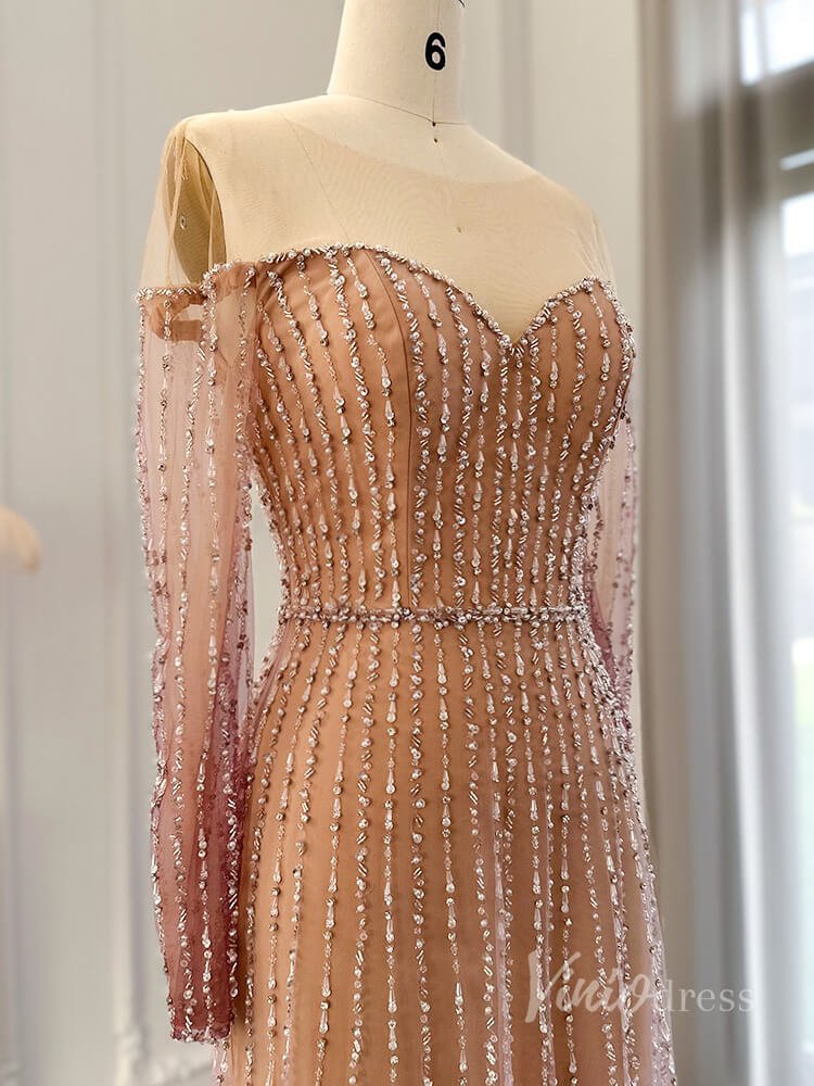 Purple Beaded Sheer Prom Dresses Sheath Long Sleeve Pageant Dress AD1177-Evening Dresses 2025 -Viniodress-Purple-US 2-