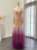 Purple Beaded Sheer Prom Dresses Sheath Long Sleeve Pageant Dress AD1177