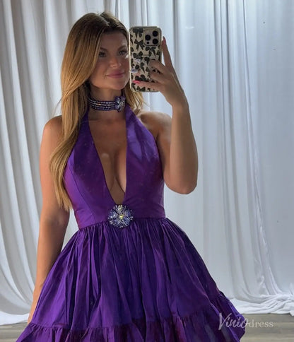 Purple Halter Homecoming Dress with Deep V Neckline, Rhinestone Brooch & Ruffled Skirt – H1164-Homecoming Dresses 2025 -Viniodress-Purple-Custom Size-