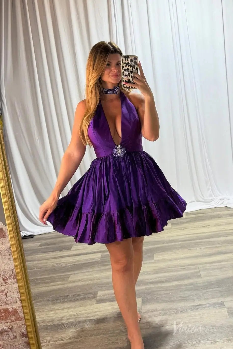 Purple Halter Homecoming Dress with Deep V Neckline, Rhinestone Brooch & Ruffled Skirt – H1164-Homecoming Dresses 2025 -Viniodress-Purple-Custom Size-