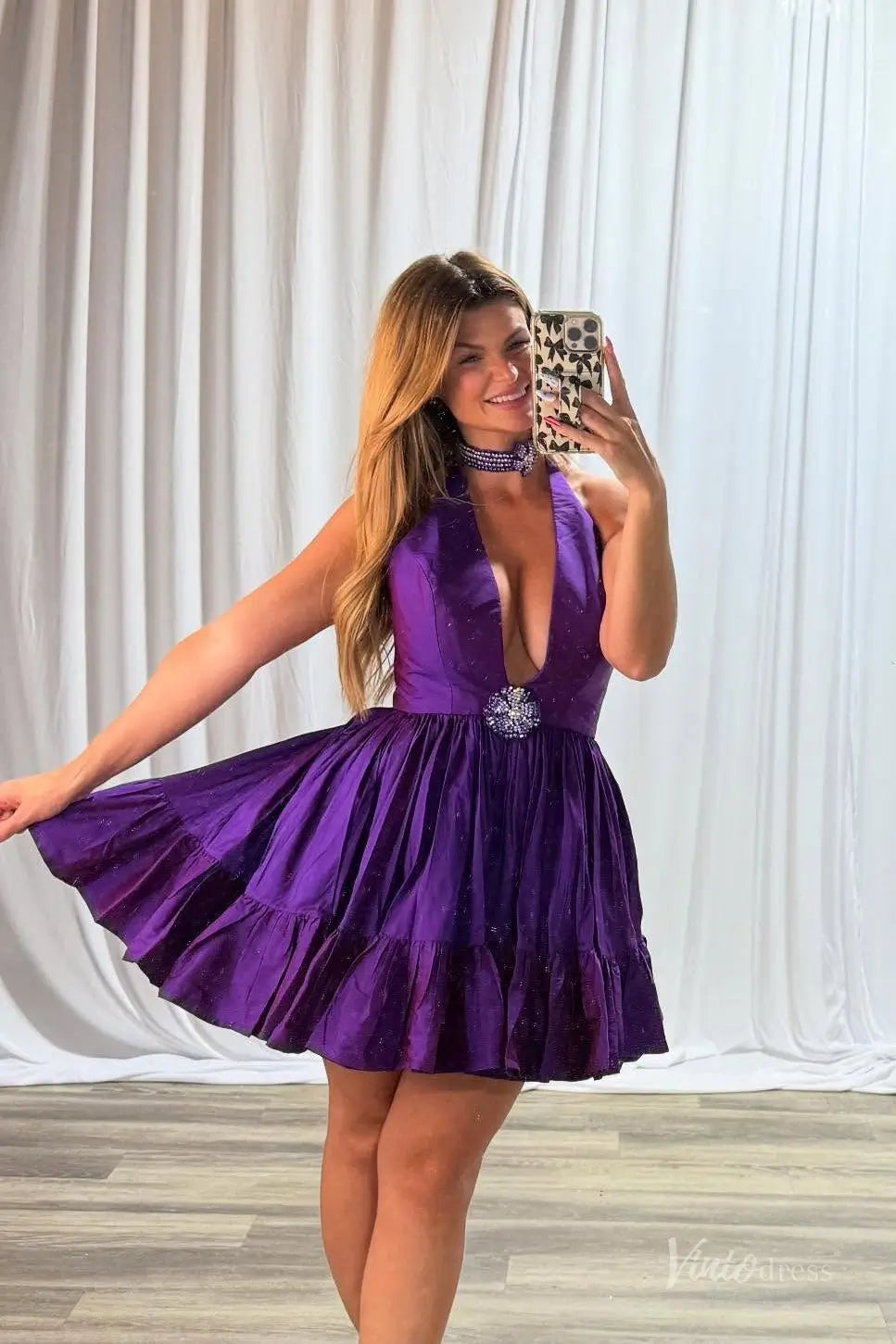 Purple Halter Homecoming Dress with Deep V Neckline, Rhinestone Brooch & Ruffled Skirt – H1164-Homecoming Dresses 2025 -Viniodress-Purple-Custom Size-