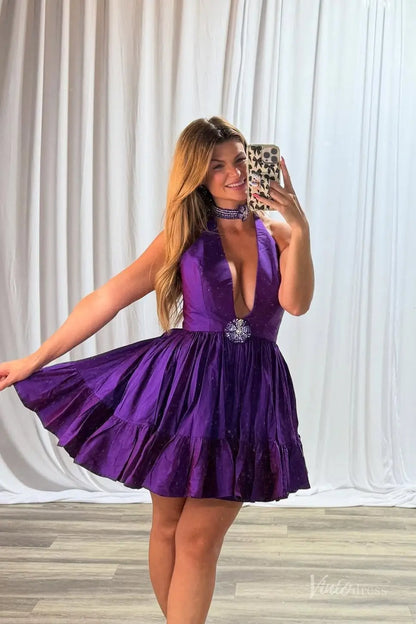 Purple Halter Homecoming Dress with Deep V Neckline, Rhinestone Brooch & Ruffled Skirt – H1164-Homecoming Dresses 2025 -Viniodress-Purple-Custom Size-