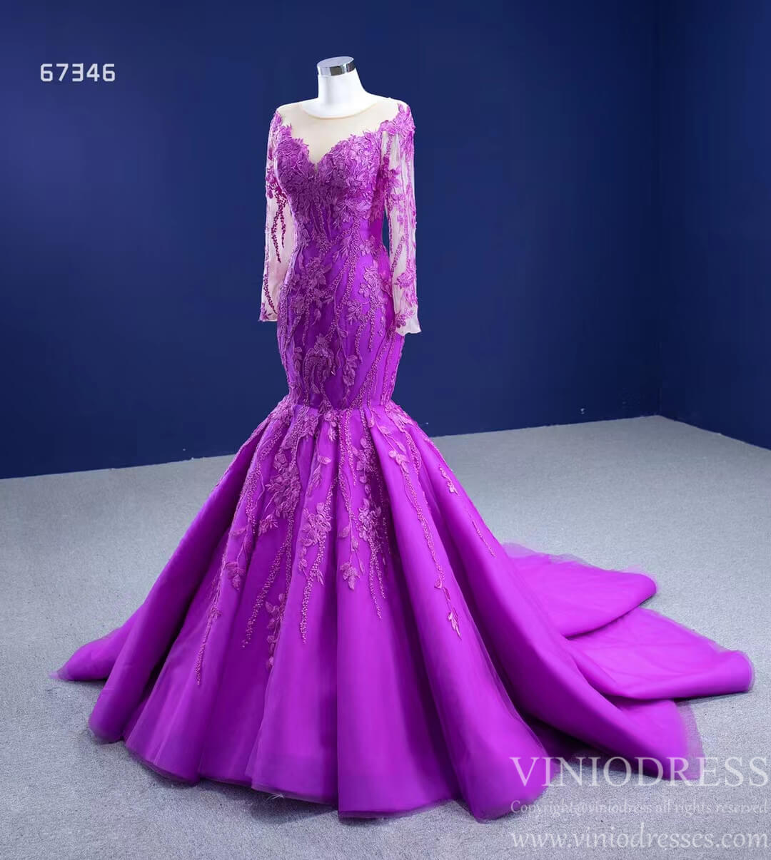 Purple Lace Mermaid Prom Dresses Long Sleeve Pageant Dress viniodress-Quinceanera Dresses 2025 -Viniodress-Purple-Custom Size-