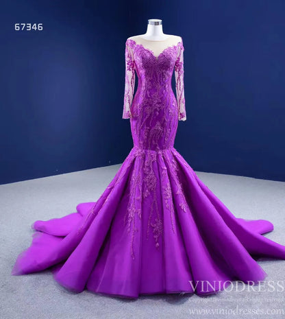 Purple Lace Mermaid Prom Dresses Long Sleeve Pageant Dress viniodress-Quinceanera Dresses 2025 -Viniodress-Purple-Custom Size-