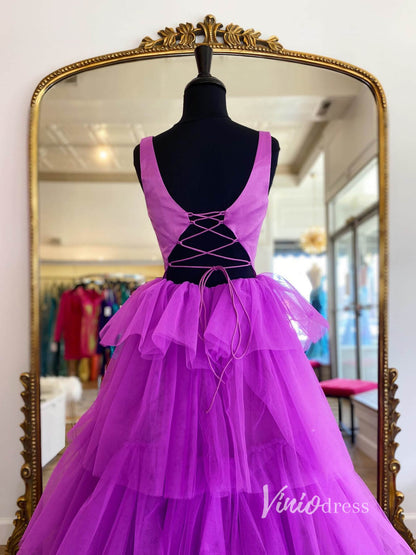 Purple Layered Ruffle Prom Dresses Scoop Neck Evening Dress FD2930-prom dresses 2025 -Viniodress-Purple-Custom Size-