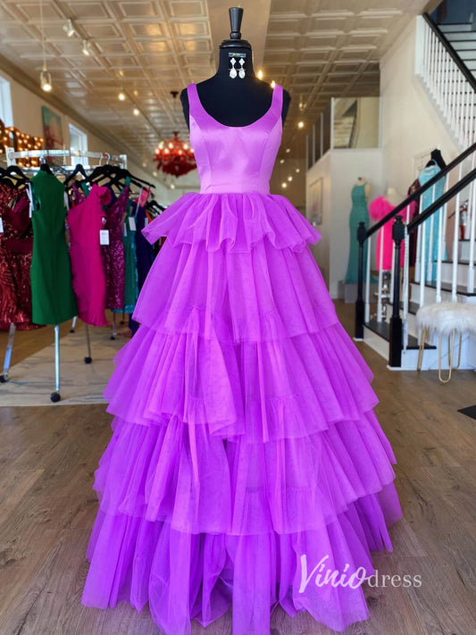 Purple Layered Ruffle Prom Dresses Scoop Neck Evening Dress FD2930-prom dresses 2025 -Viniodress-Purple-Custom Size-