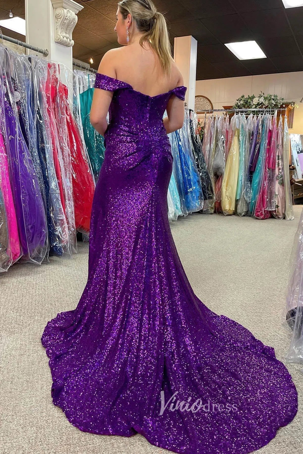 Purple Off the Shoulder Sequin Prom Dress Sexy Evening Dress with Slit FD3493-prom dresses 2025 -Viniodress-Purple-Custom Size-