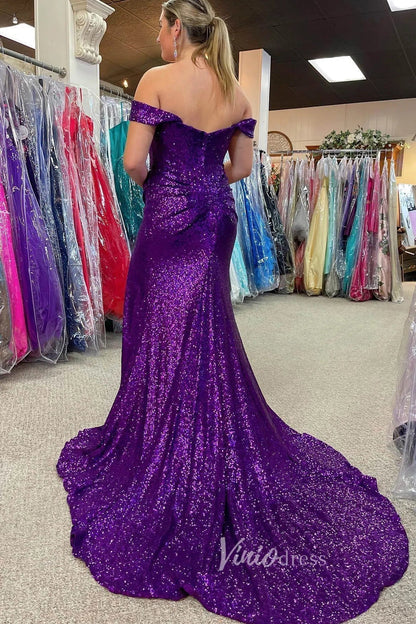 Purple Off the Shoulder Sequin Prom Dress Sexy Evening Dress with Slit FD3493-prom dresses 2025 -Viniodress-Purple-Custom Size-