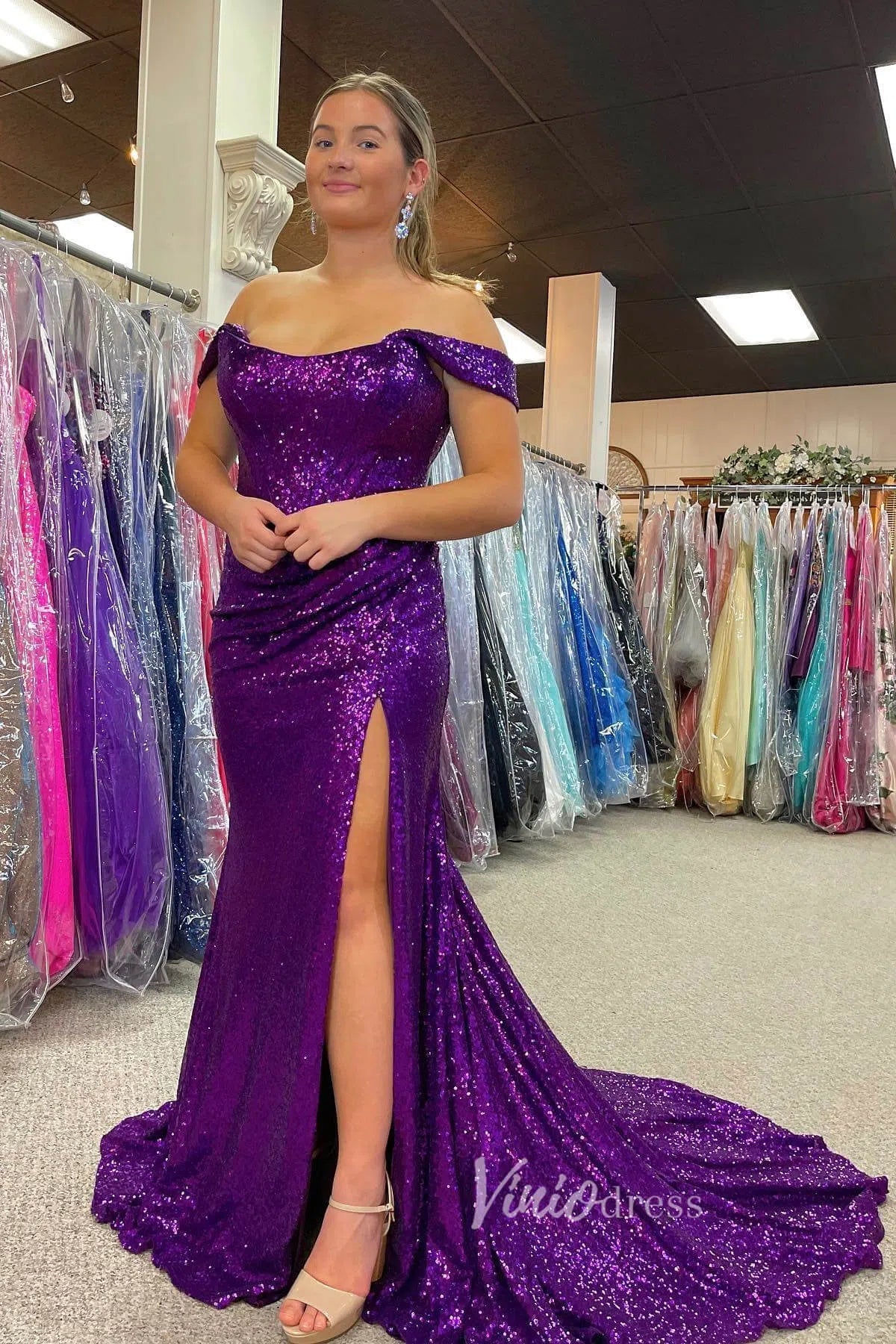 Purple Off the Shoulder Sequin Prom Dress Sexy Evening Dress with Slit FD3493-prom dresses 2025 -Viniodress-Purple-Custom Size-