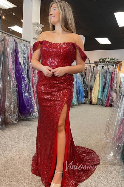 Purple Off the Shoulder Sequin Prom Dress Sexy Evening Dress with Slit FD3493-prom dresses 2025 -Viniodress-Red-Custom Size-