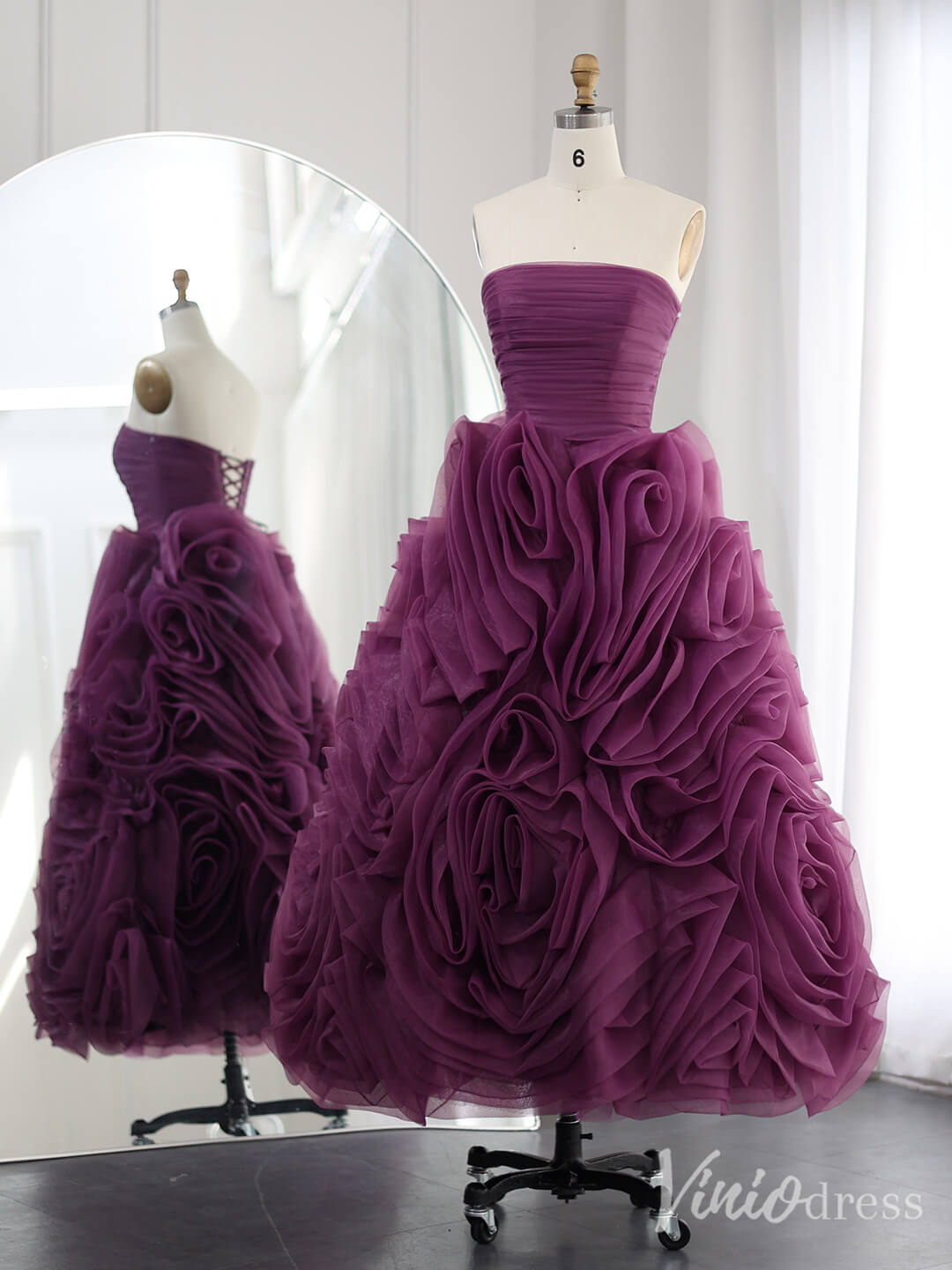 Purple Ruffle Prom Dresses Midi Length Strapless Blush Pink Formal Dress S20239-prom dresses 2025 -Viniodress-Blush Pink-US 2-