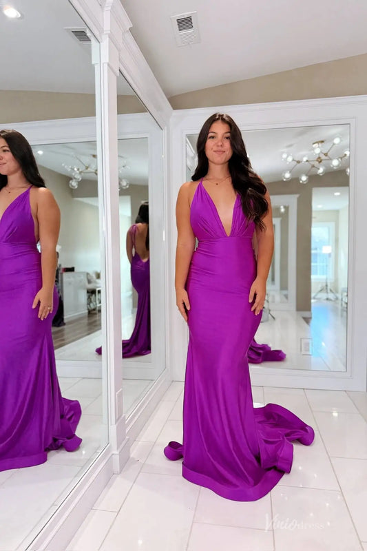 Purple Satin Halter Deep V Mermaid Prom Dress with Open Back & Sweep Train – SS149
