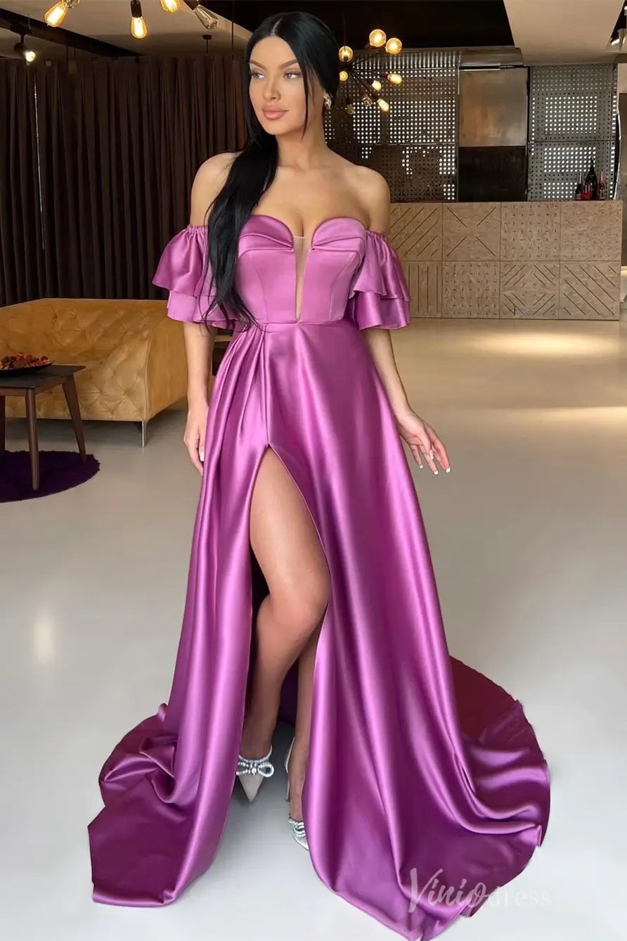 Purple Satin Prom Dress with Off-Shoulder Sleeves, Plunging Neckline, and High Slit Skirt – AS014-prom dresses 2025 -Viniodress-Purple-Custom Size-